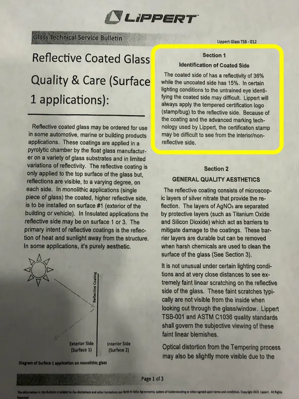 Lippert Technical Service Bulletin TSB 012 regarding window glass orientation